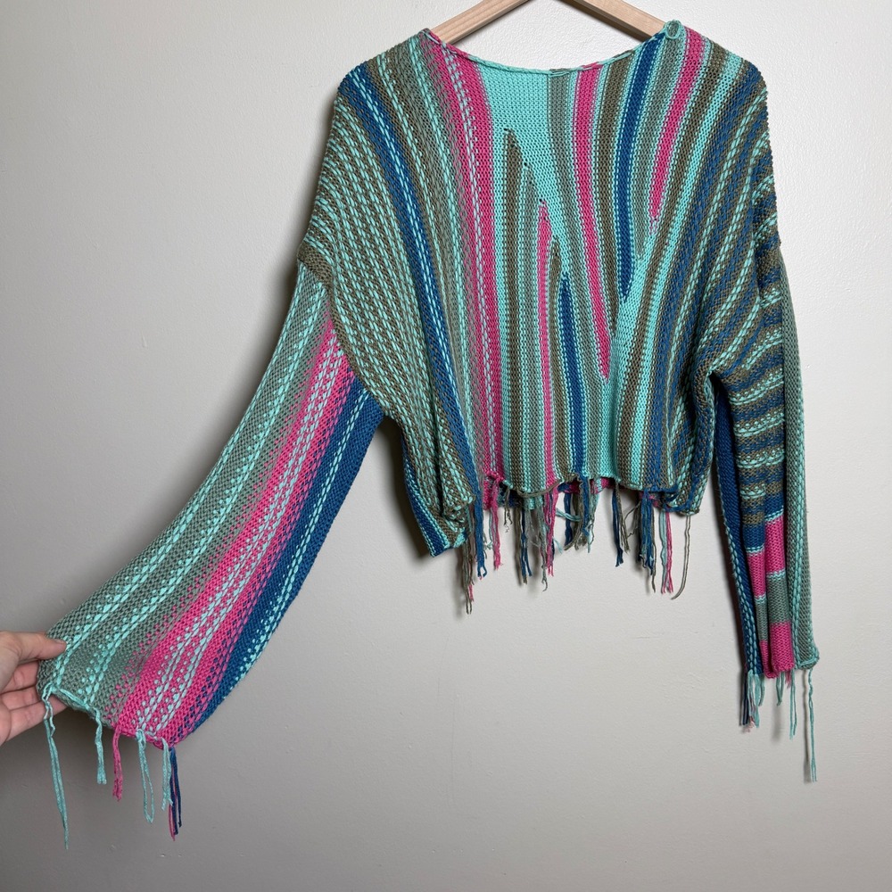 Elan Womens Multi Color Striped Fringe Cropped Sweater Boho Festival Pink Teal S